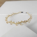 Elegant champagne crystal braided headband with gold wire finish on white stand - Champagne