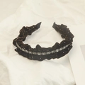 Brown velvet headband with elegant ruffles, sparkling rhinestones and delicate white beads - Dark Brown