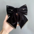 Large black velvet bow hair clip with gold stitching and rhinestone crystal edges - Y-Style Black