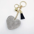 Porte-clés cœur scintillant en strass avec pompon noir et mousqueton doré élégant - Noir avec Strass Argentés (Matériel Doré)