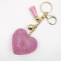 Porte-clés cœur rose avec strass, chaîne dorée et ornement élégant à pompon rose - Rose avec Strass (Matériel Doré)