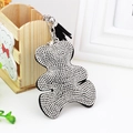 Sparkling silver rhinestone bear keychain with black leather tassel for handbag decoration - Black With White Rhinestone