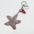 Starfish keychain with sparkling rhinestones, pink velvet tassels and silver bell charm - Pink with White Rhinestone