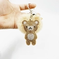 Sparkly rhinestone bear keychain with soft faux fur pompom for women's handbag decor - Khaki