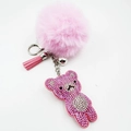 Pink rhinestone bear keychain with plush pom pom and tassel charm for women bags - Pink
