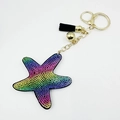Rainbow rhinestone starfish keychain with black leather tassel and golden lobster clasp - Gold Rainbow