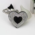 Portachiavi a cuore scintillante con strass neri e nappa di seta per borsa donna - Nero Con Strass Bianchi