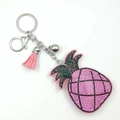 Sparkling pink rhinestone pineapple keychain with leather tassel and silver hardware - Pink