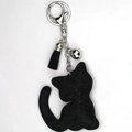 Llavero de gato negro brillante con diamantes de imitación, cierre de plata y borla de cuero - Negro