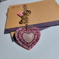 Pink heart rhinestone keychain with leather tassel and gold bell for women handbags - Pink Multicolor
