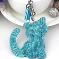 Porte-clés chat en strass bleu clair avec pompon et chaîne à billes en métal argenté - Bleu lac