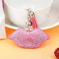 Portachiavi labbra con strass rosa, nappa in pelle e campanellino, ciondolo borsa elegante - Rosa