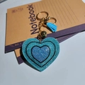 Blue heart rhinestone keychain with sky blue tassel and golden metal hardware - Blue