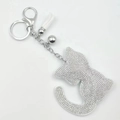 Porte-clés chat en cristal argenté avec pompon blanc et clochette pour sacs femme - Blanc