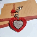 Red heart rhinestone keychain with red tassel and silver bell decoration - Red and White