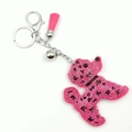 Porte-clés caniche en strass rose avec pompon en peluche et clochette pour sacs - Rose rouge