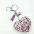 Porte-clés cœur à strass violets avec pompon en cuir et anneau en argent brillant - Violet