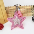 Pink rhinestone star keychain with soft leather tassel and silver metal clip for handbags - Pink