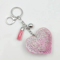 Porte-clés cœur rose avec strass brillants et pompon en cuir pour sacs de femmes - Rose