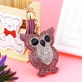Detail of owl keychain with purple rhinestones, leather tassel, and golden metal clasp - 60*50 / Purple
