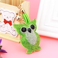 Macro view of crystal owl keychain with green rhinestones and leather tassel detail - 60*50 / Green