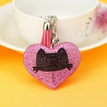 Pink heart keychain with crystal cat motif, leather tassel, and silver metal chain link - 60*60mm / Pink