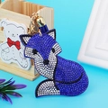 Sparkling fox keychain with blue and silver rhinestones on a golden ring and tassel - Sapphire Blue