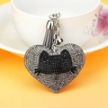 Sparkly heart keychain with cat silhouette rhinestones, silver bell and grey tassel detail - 60*60mm / Gray