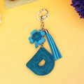 Sky blue crystal alphabet D keychain with leather clover and tassel decoration - Sky Blue Letter D Style (P0098)