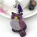 Detailed view of owl keychain with purple tassels, rhinestones and a silver bell charm - 90*50mm / Purple