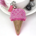 Porte-clés crème glacée en strass rose et doré avec pompon et clochette sur tasse décorative - Rose