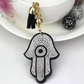 Portachiavi mano di Fatima nero con cristalli, campanello dorato e nappa nera - Base Nera Strass Bianchi 1