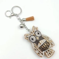 Cartoon owl rhinestone keychain with khaki tassel and silver lobster clasp in light leather - Khaki With White Dots