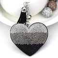 Faux suede heart keychain with gradient rhinestones and black fringe tassel charm - Black