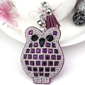 Sparkling purple leather owl keychain with rhinestone inlay and elegant tassel detail - Purple