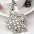 Sparkling crystal four-leaf clover keychain with white tassel and silver bell charms - White