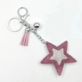 Rosa Strass-Stern Schlüsselanhänger mit silbernem Karabiner und modischer Leder-Quaste - Lila