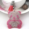 Sparkling rhinestone panda keychain with pink leather tassel and silver bell for bags - Pink