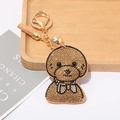 Funkelnder Strass Teddy Hund Schlüsselanhänger mit Goldmetall und brauner Lederquaste - Khaki