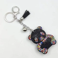 Sparkling black rhinestone panda keychain with a black leather tassel and silver bell - Multi-color