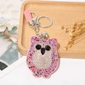 Pink rhinestone owl keychain with leather tassel and silver metal clip for handbags - Mixed Pink