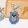 Porte-clés chouette en strass bleus et blancs avec pompon bleu clair et anneau - Bleu Clair Mixte