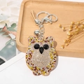 Porte-clés chouette en strass colorés avec gland beige et fermoir mousqueton argenté - Kaki mélangé