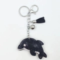 Porte-clés dauphin avec strass noirs, pompon argenté et petit grelot pour sac à main - Noir