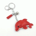 Porte-clés dauphin rouge avec strass scintillants et breloque en cuir à pompon assortie - Rouge