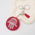 Hamsa Hand keychain with red rhinestones, Evil Eye design and red tassel accessory - Red