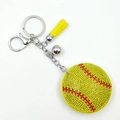 Glittering yellow rhinestone softball keychain with a tassel and silver metal keyring - Yellow Baseball