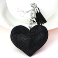 Llavero de corazón negro brillante con pedrería, cascabel plateado y borla elegante - Plata + Base Negra Rhinestone Negro