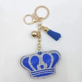 Blue rhinestone crown keychain with golden chain and blue suede tassel pendant - Royal Blue