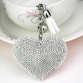 Sparkling crystal heart keychain with white tassel and silver bell for bags - Silver + White Base White Rhinestone